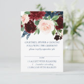 Boho Blooms | Rustieke Navy Blue en Bourgondische  RSVP Kaartje (Staand voorkant)