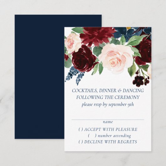 Boho Blooms | Rustieke Navy Blue en Bourgondische  RSVP Kaartje (Voorkant / Achterkant)