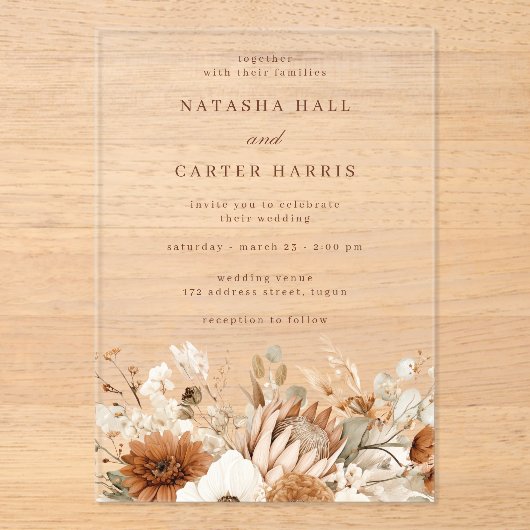 Boho Blooms Wedding Acryl Uitnodigingen (Voorkant)