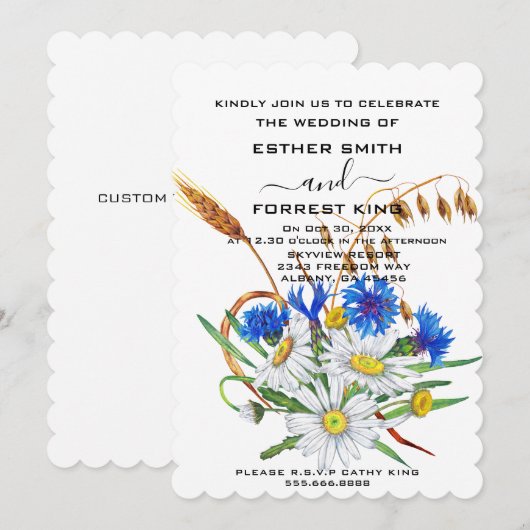 Boho Blue Anjers Boeket Minimalistische bruiloft Kaart (Voorkant / Achterkant)