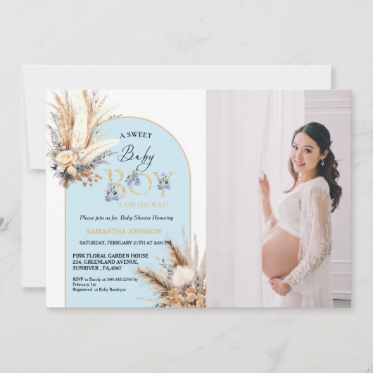 Boho Blue Arch Pampas Grass Baby Boy Baby shower Kaart (Voorkant)