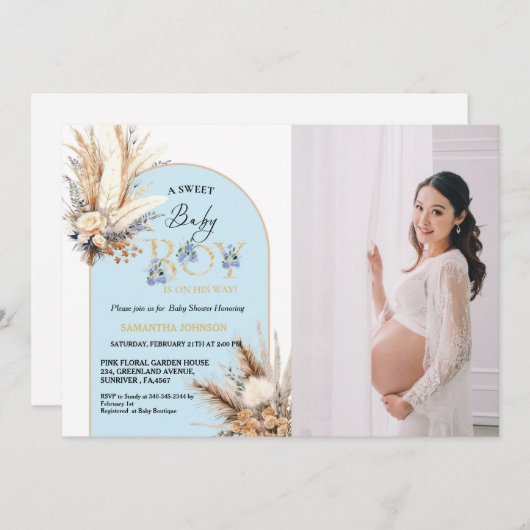 Boho Blue Arch Pampas Grass Baby Boy Baby shower Kaart (Voorkant / Achterkant)