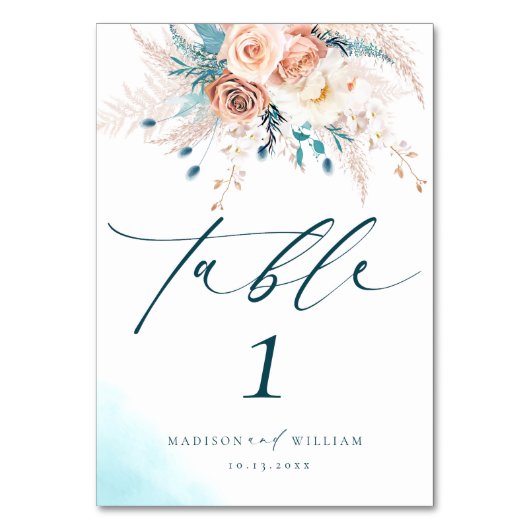 Boho Blue Beach Bloemen Tafel nummer Kaart (Voorkant)