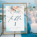 Boho Blue Beach Bloemen Tafel nummer Kaart<br><div class="desc">Verbeter je tafereel met onze Boho Blue Beach Floral Wedding Table Number! Met een elegant script en een levendige mix van turkoois, blauwgroen en perziktinten, verfraaid met grillige waterverf bloei, pampasgras en rozen, is het een boeiende aanvulling op je strandviering. Gemakkelijk op maat van uw stijl, het geeft een persoonlijke...</div>