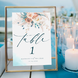 Boho Blue Beach Bloemen Tafel nummer Kaart
