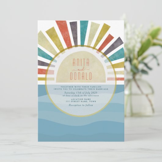 Boho Blue Beach Wedding Invitation Kaart (Staand voorkant)