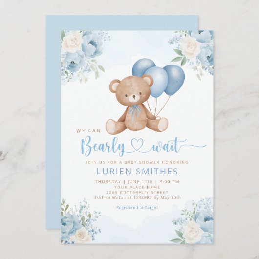 Boho Blue Bearly Wait Teddy Bear Boy baby shower Kaart (Voorkant / Achterkant)