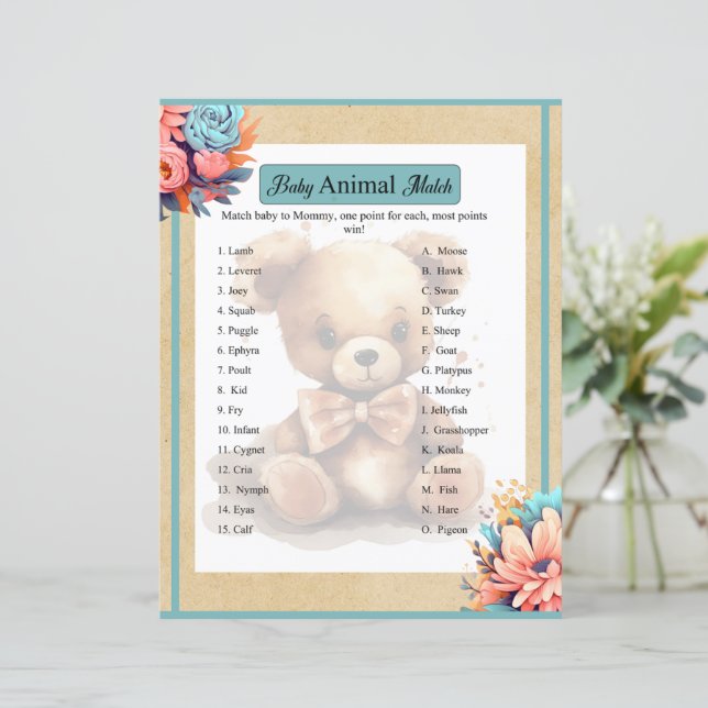 Boho Blue Beer Baby shower Animal Match Spel (Staand voorkant)