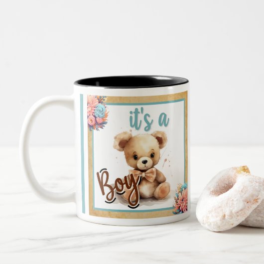 Boho Blue Beer Baby shower Tweekleurige Koffiemok (Met donut)