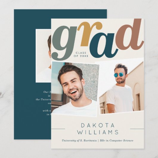 Boho Blue & Beige Afstudeerder Typografie Foto Afs Aankondiging (Voorkant / Achterkant)