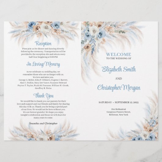 Boho Blue Bloemen en Ivoor Rozen Pampas (Voorkant)
