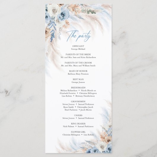Boho Blue Bloemen en Ivoor Rozen Pampas bruiloft Programmakaart (Achterkant)