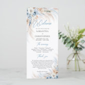 Boho Blue Bloemen en Ivoor Rozen Pampas bruiloft Programmakaart (Staand voorkant)
