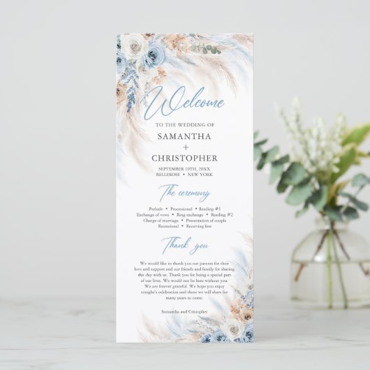 Boho Blue Bloemen en Ivoor Rozen Pampas bruiloft Programmakaart (Staand voorkant)