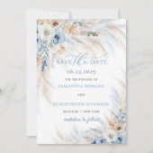 Boho Blue Bloemen en Ivoor Rozen Pampas Grass Save The Date (Voorkant)