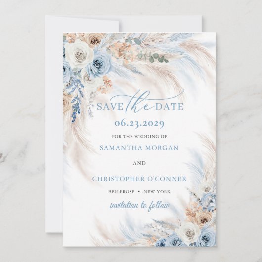 Boho Blue Bloemen en Ivoor Rozen Pampas Grass Save The Date (Voorkant)