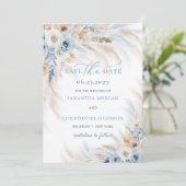 Boho Blue Bloemen en Ivoor Rozen Pampas Grass Save The Date (Staand voorkant)