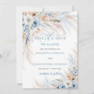 Boho Blue Bloemen en Ivoor Rozen Pampas Grass Save The Date