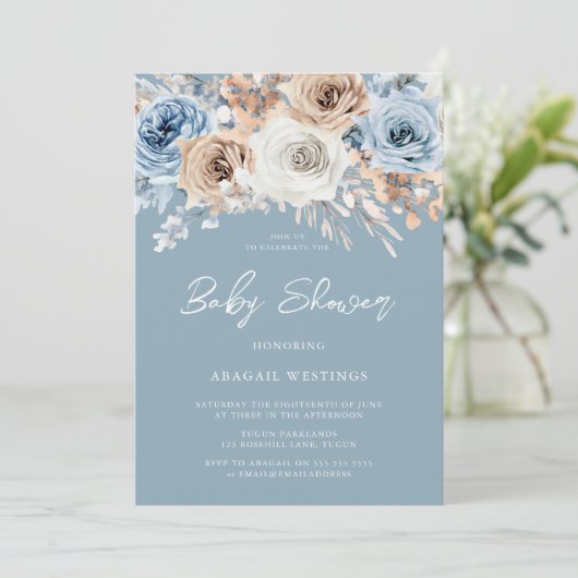 Boho Blue Bohemian Floral Boys Baby shower Kaart (Staand voorkant)