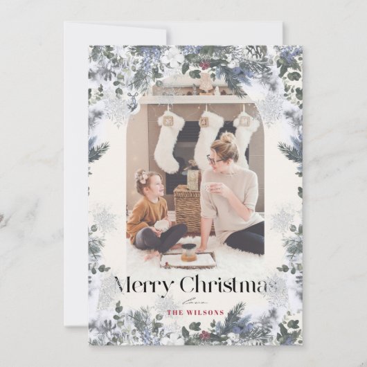 Boho Blue Botanical Arch 4 Foto van Kerstmis Feestdagenkaart (Voorkant)