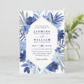 Boho Blue Bouquet Floral Elegant QR Code Wedding Kaart (Staand voorkant)