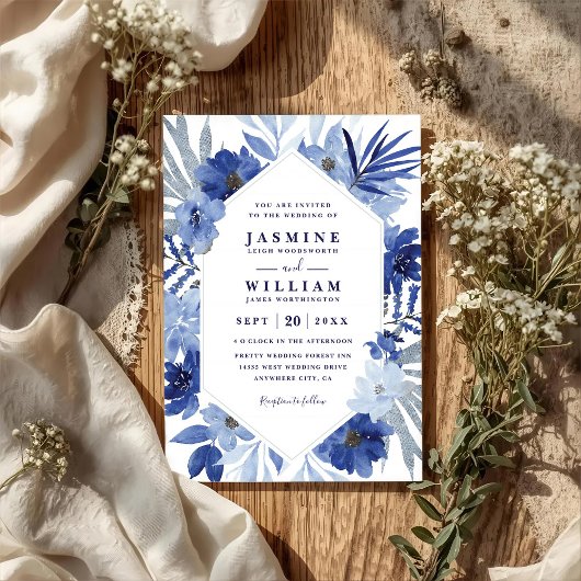 Boho Blue Bouquet Floral Elegant QR Code Wedding Kaart