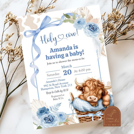 Boho Blue Bow Highland Koe Baby shower Kaart