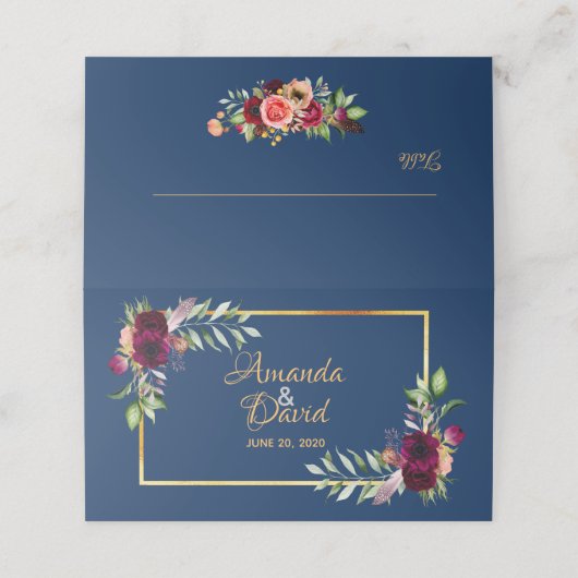 Boho blue bruiloft met bruine waterkleurige bruinv plaatskaartje (Buitenkant ongevouwen)