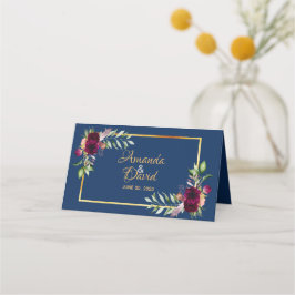 Boho blue bruiloft met bruine waterkleurige bruinv plaatskaartje