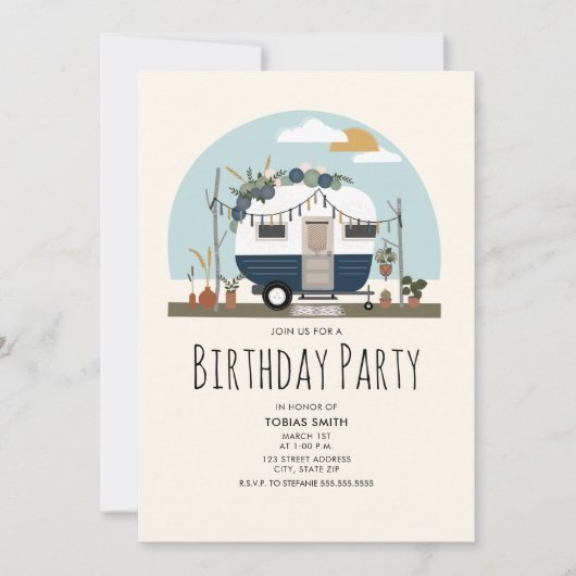 Boho Blue Camper Birthday Party Kaart (Voorkant)