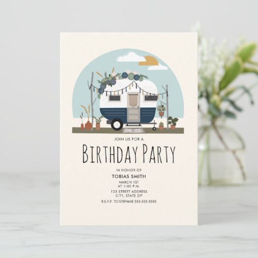  Boho Blue Camper Birthday Party Kaart (Staand voorkant)