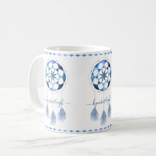 Boho Blue Celestial Mandala Drocatcher Monogram Koffiemok (Voorkant links)