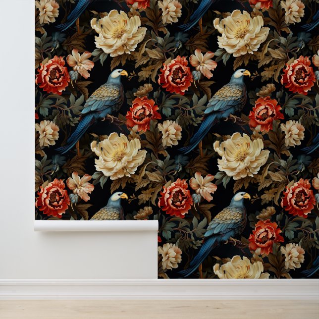  Boho Blue Cream Rood Groot Oerwoud Parrot Behang (Applicatie)