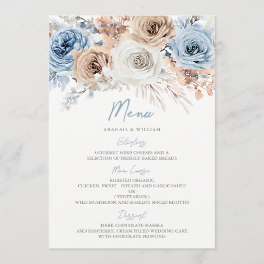Boho Blue Dusty Blue Bohemian Floral Wedding Menu (Voorkant)