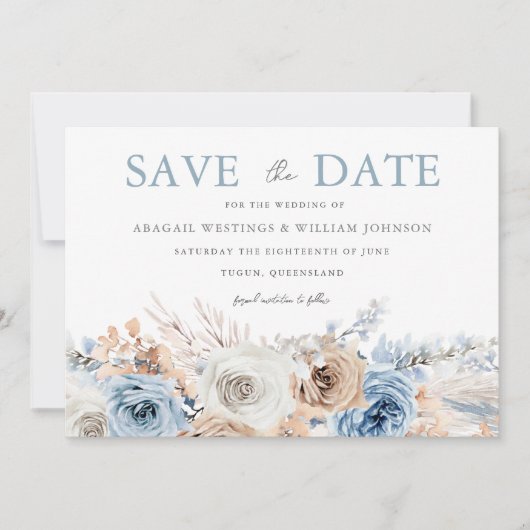 Boho Blue: Dusty Blue Bohemian Floral Wedding Save The Date (Voorkant)