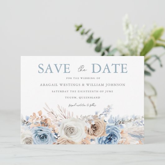Boho Blue: Dusty Blue Bohemian Floral Wedding Save The Date (Staand voorkant)