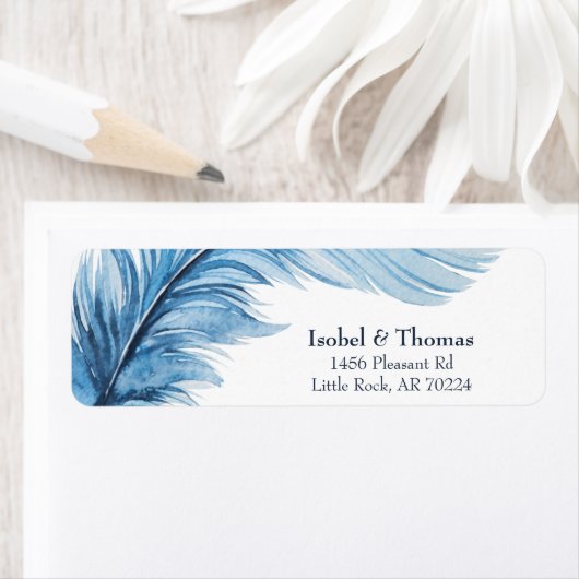 Boho Blue Elegant Waterverf Feather Adres Etiket (Insitu)