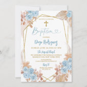 Boho Blue en Gold Floral Baptism Invitation Kaart (Voorkant)