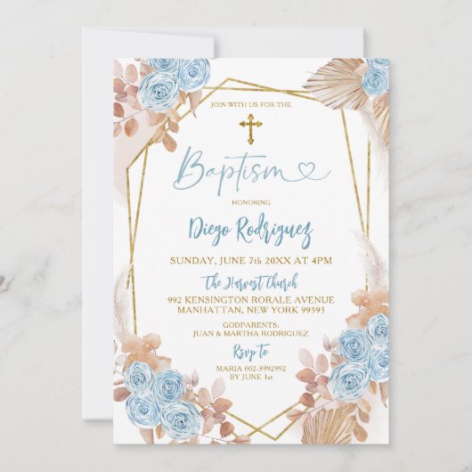 Boho Blue en Gold Floral Baptism Invitation Kaart (Voorkant)