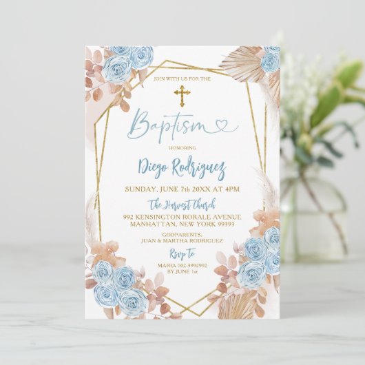 Boho Blue en Gold Floral Baptism Invitation Kaart (Staand voorkant)