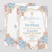 Boho Blue en Gold Floral Baptism Invitation Kaart (Voorkant / Achterkant)