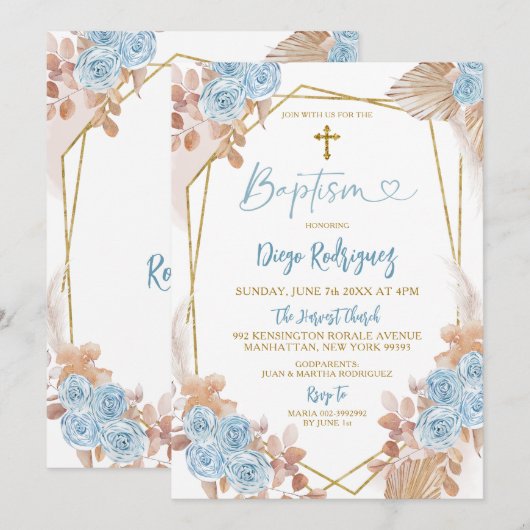 Boho Blue en Gold Floral Baptism Invitation Kaart (Voorkant / Achterkant)