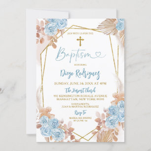 Boho Blue en Gold Floral Baptism Invitation Kaart