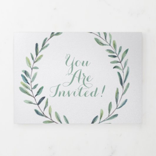 Boho Blue en Green Wreath Wedding Drieluik Uitnodiging (Cover)