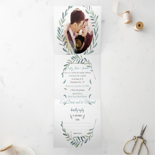 Boho Blue en Green Wreath Wedding Drieluik Uitnodiging (Binnen)