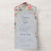 Boho Blue en Pink Floral Dusty Blue Dinner All In One Uitnodiging (Binnen)