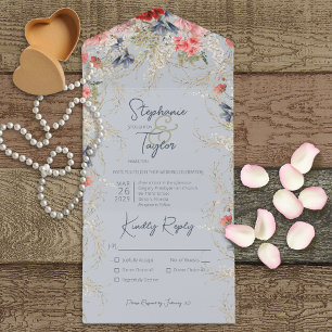Boho Blue en Pink Floral Dusty Blue Dinner All In One Uitnodiging