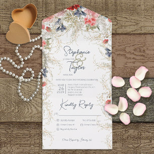 Boho Blue en Pink Floral White Dinner All In One Uitnodiging