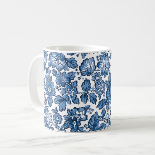  Boho Blue en White Floral Koffiemok (Voorkant links)