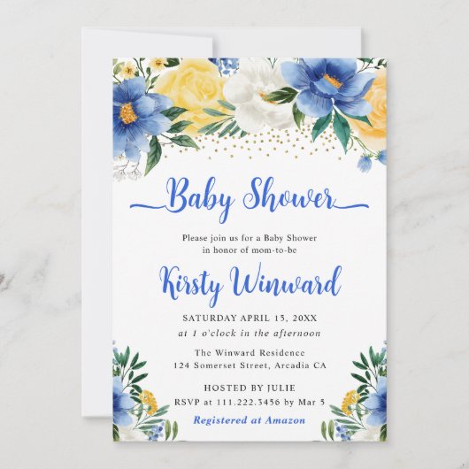 Boho Blue en Yellow Summer Flowers Baby shower Kaart (Voorkant)